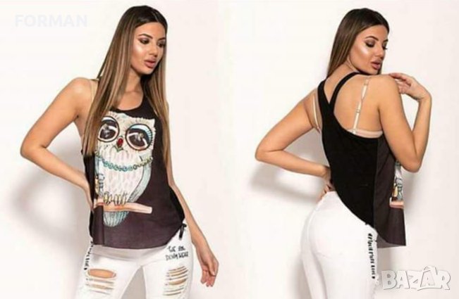 Черен топ с принт сова и камъчета и кабсички по него, снимка 1