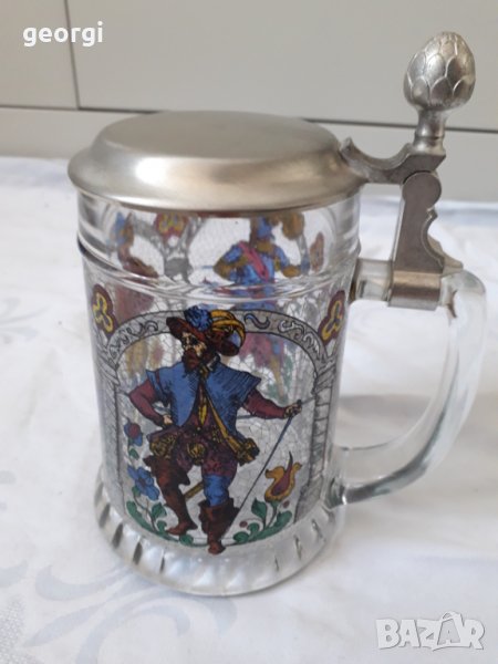 Немска стъклена халба с метален капак   4/1, снимка 1