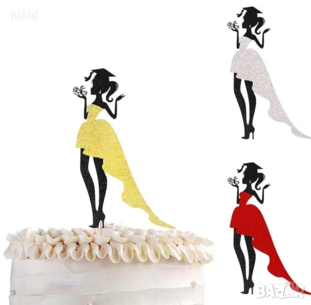 Седнало момиче златна рокля с тога завършване бал Абитуриент брокатен топер украса декор парти, снимка 1