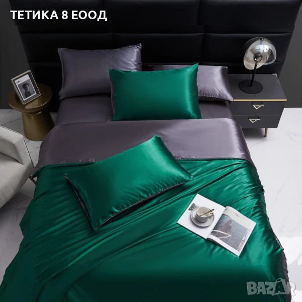 Спален комплект сатен, Тъмнозелена-тъмносива, 2 калъфки 65х65, снимка 1