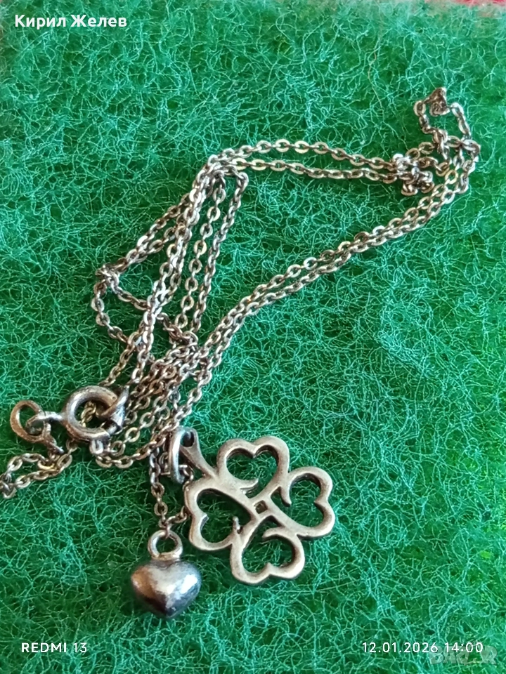 Късметлийско романтично сребърно колие четирилистна Детелина,сърце ❤️ много красив дизайн 52652, снимка 1
