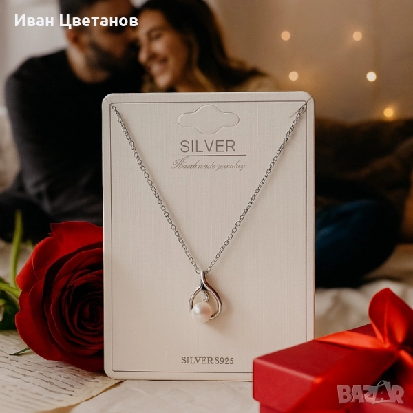 Елегантно сребърно колие с перлена висулка, снимка 1