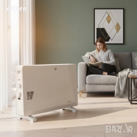 Конвекторен отоплител Rosberg – 2500W, 3 степени, с вентилатор, защита от прегряване (бял или черен), снимка 2 - Отоплителни печки - 52698565