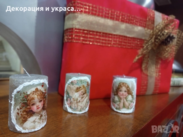 Коледни свещи триптих  на ангелска тематика с декупаж