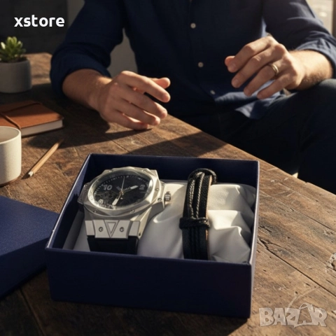 Мъжки подаръчен комплект – стилен часовник и черна гривна, снимка 4 - Мъжки - 52790983