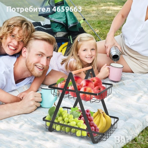 Декоративна кошница за плодове, изработена от метал, на два етажа и дървена дръжка, снимка 9 - Прибори за хранене, готвене и сервиране - 52547197