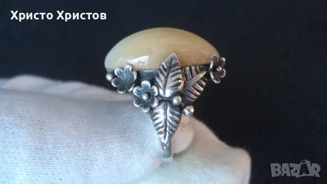 Руски СССР сребърен изящен пръстен с уралски ахат , снимка 4 - Пръстени - 55710802