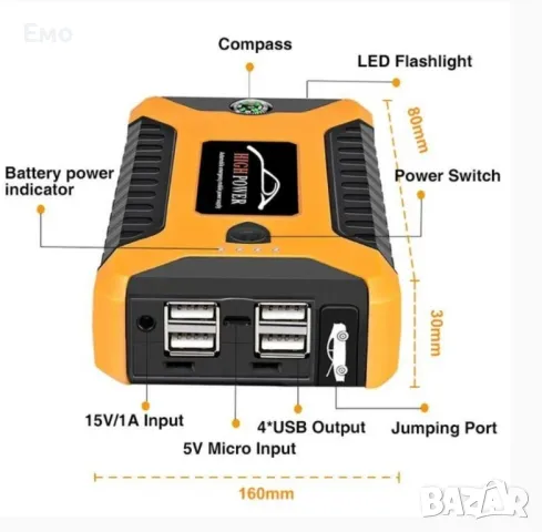 Преносим автомобилен стартер, 20000 mAh, 300A, функция външна батерия, фенерче, 4 usb порта, снимка 2 - Аксесоари и консумативи - 48694866