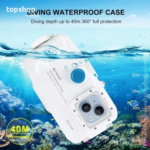 Водоустойчив калъф PULUZ 40M/130FT за iPhone 15/15 Pro/14/14 Pro/13/13 Pro/12/12 Pro, защитен корпус, снимка 2 - Калъфи, кейсове - 50493216