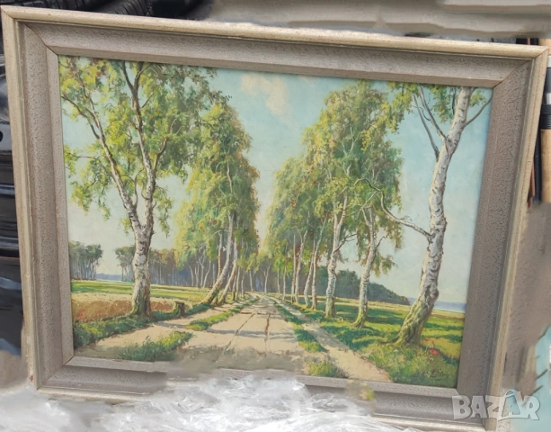 Големи стари картини масло планински пейзаж, езеро, брези-подписани, снимка 4 - Други ценни предмети - 54060095