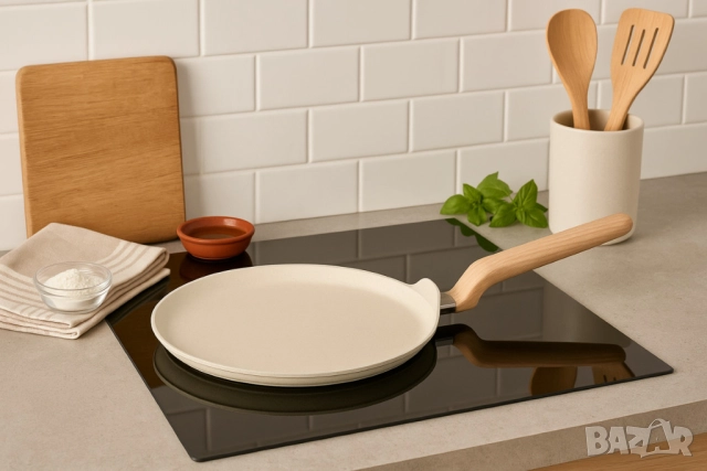 Тиган за палачинки Voltz Nice, 26x1.5см., Кован алуминий, Мраморно покр., Индукция, Кремав меланж