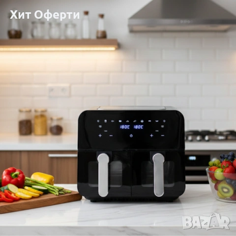 Двоен фритюрник с горещ въздух Cheffinger 9 л  с дигитален дисплей, стъклен прозорец и 360° циркулац, снимка 4 - Фритюрници - 53202527