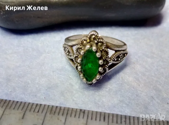 СКЪПОЦЕНЕН СРЕБЪРЕН ПРЪСТЕН СРЕБРО 925 с ФАСЕТИРАН ПЕРИДОТ и МАРКАЗИТИ СТАРА МАЙСТОРСКА РАБОТА 48264