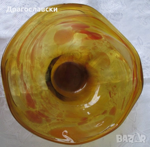 Тежка красива ваза, цвят  кехлибар и фруктиера, стъкло, стъклен, зелен пепелник Сливен, снимка 9 - Вази - 10670305