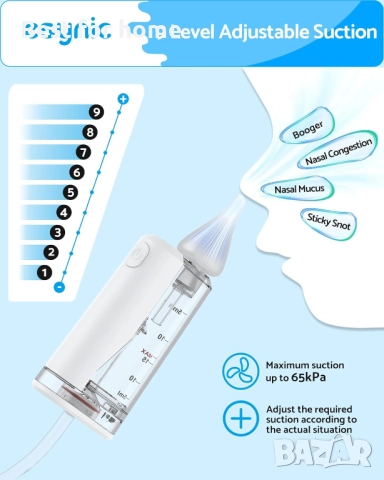 eSynic Професионален бебешки назален аспиратор, 9 нива на засмукване и LED светлина , снимка 2 - Други - 51668359