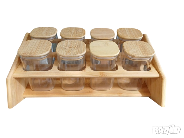 Бурканчета за подправки със стойка, бамбукови капачки и 36бр.BG етикети - 4 МОДЕЛА