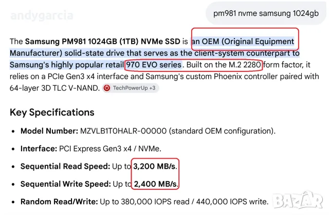 1024GB (1TB) Samsung PM981 NVMe SSD М2 2280 OEM 970 EVO, Read-Write up to 3200-2400 MB/s. disk диск , снимка 4 - Твърди дискове - 56121028