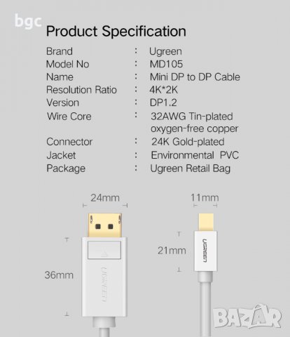 НОВ КАБЕЛ Thunderbolt Mini Displayport към DisplayPort Кабелен адаптер Mini DP към DP конвер, снимка 9 - Друга електроника - 39863278