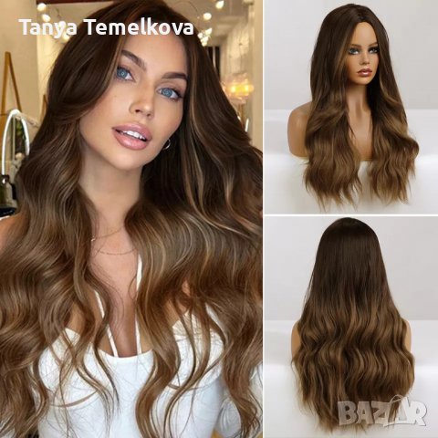 Дълга на вълни кестенява перука без бретон
