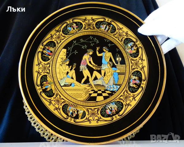 Гръцка порцеланова чиния,Богове,24 k злато,29 см., снимка 2 - Антикварни и старинни предмети - 51990295