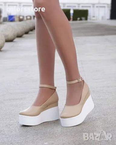 Обувки на платформа - бежова кожа с бяло ходило - 125K