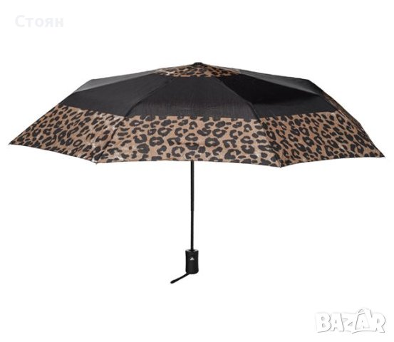 Автоматичен двуцветен черен леопардов чадър за дъжд 31 см, снимка 2 - Други - 42876984