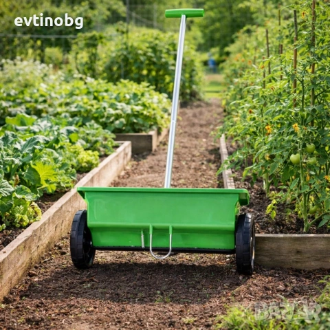 Ръчна градинска сеялка 6L с колела – разпръсквач за семена, торове, пясък и сол с 5-степенно регулир