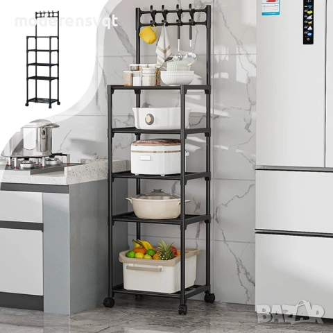 Етажерка с колела и куки на 5 нива за баня и кухня