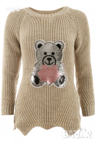 Пуловер със мече от обръщащи се пайети в цвят горчица, снимка 1 - Блузи с дълъг ръкав и пуловери - 26622279