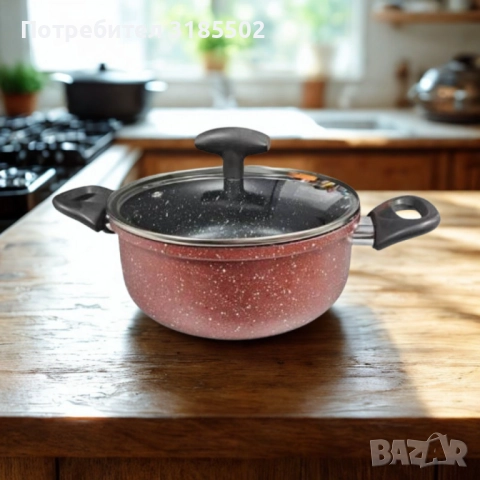 Тенджера Rosberg, 22 см, 4.3 л, Мраморно незалепващо покритие, Индукция, Бордо Меланж