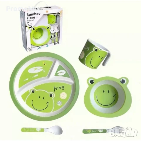Детски комплект за хранене Bamboo Fibre kids set Frog 5 броя прибори за хранене Жаба, снимка 2 - Прибори за хранене, готвене и сервиране - 51203441