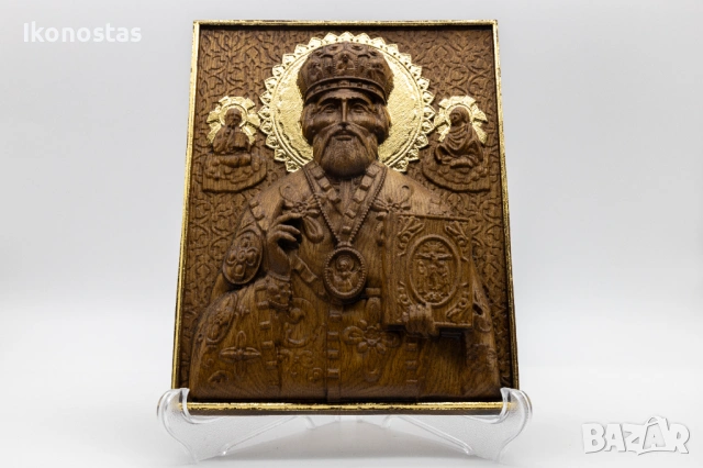 Релефна икона на Свети Николай Чудотворец – позлатена с варак, снимка 4 - Икони - 53223929