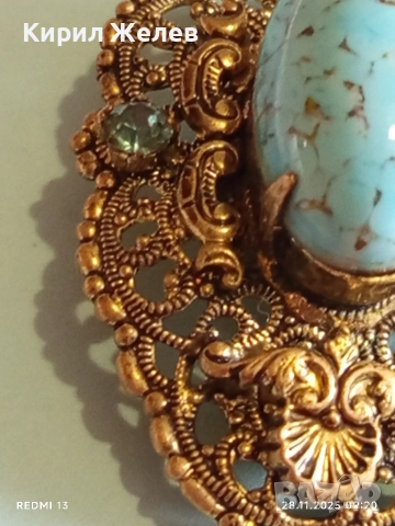 Винтидж брошка с филигран в златист цвят и овален камък ТЮРКОАЗЕН АКВАМАРИН 52242, снимка 7 - Други - 52569625