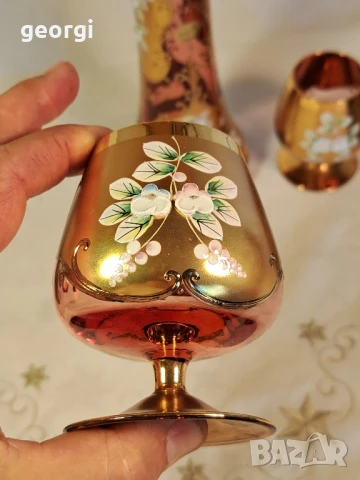 ваза с две чаши розово стъкло с позлата Bohemia , снимка 10 - Антикварни и старинни предмети - 50946044