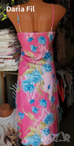 Розова рокля на сини цветя с тънки презрамки , снимка 2 - Рокли - 37312629