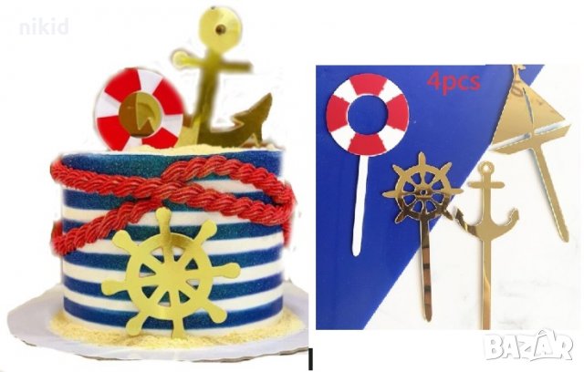 Котва Рул Пояс Лодка морски сет пластмасови топери за торта украса декор, снимка 1 - Други - 29772436