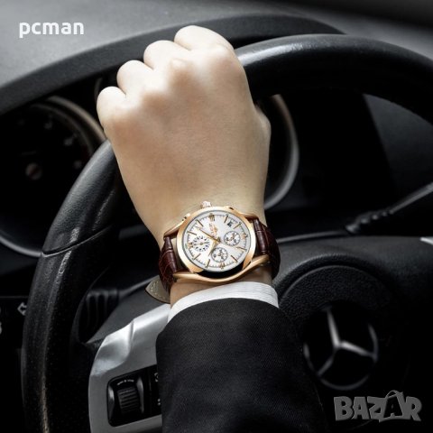 LIGE White Gold 9839 Луксозен мъжки кварцов часовник с кожена каишка, снимка 5 - Мъжки - 40445330