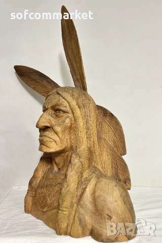 Масивна дърворезба „Индиански вожд“ – 85 см, Ръчна изработка, снимка 4 - Статуетки - 53889540