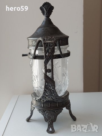 Стара антикварна захарница или съд за лед(метал стъкло), снимка 10 - Други ценни предмети - 40820061