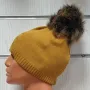 Нова зимна дамска шапка с камъчета отпред и с пух/помпон в цвят горчица, снимка 3