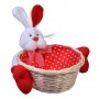 Великденска декорация, 3D заек с плетена кошница , 14x6.5 см, Червено/ бяло/ точки