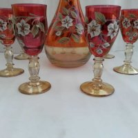 Кристални чаши и гарафа Бохемия рисувани цветно стъкло, снимка 9 - Антикварни и старинни предмети - 31273543