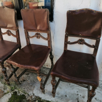 Ретро дървени столове с дърворезба и кожена седалка и облегалка , снимка 5 - Столове - 44684909
