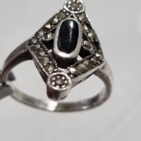 Сребърен пръстен 925 с маркизити и оникс , снимка 1 - Пръстени - 44216552