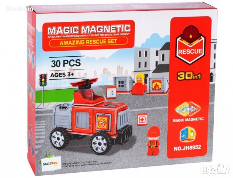 Забавен магнитен конструктор MAGIC MAGNETIC RESCUE - Пожарна кола - 30in1, снимка 1
