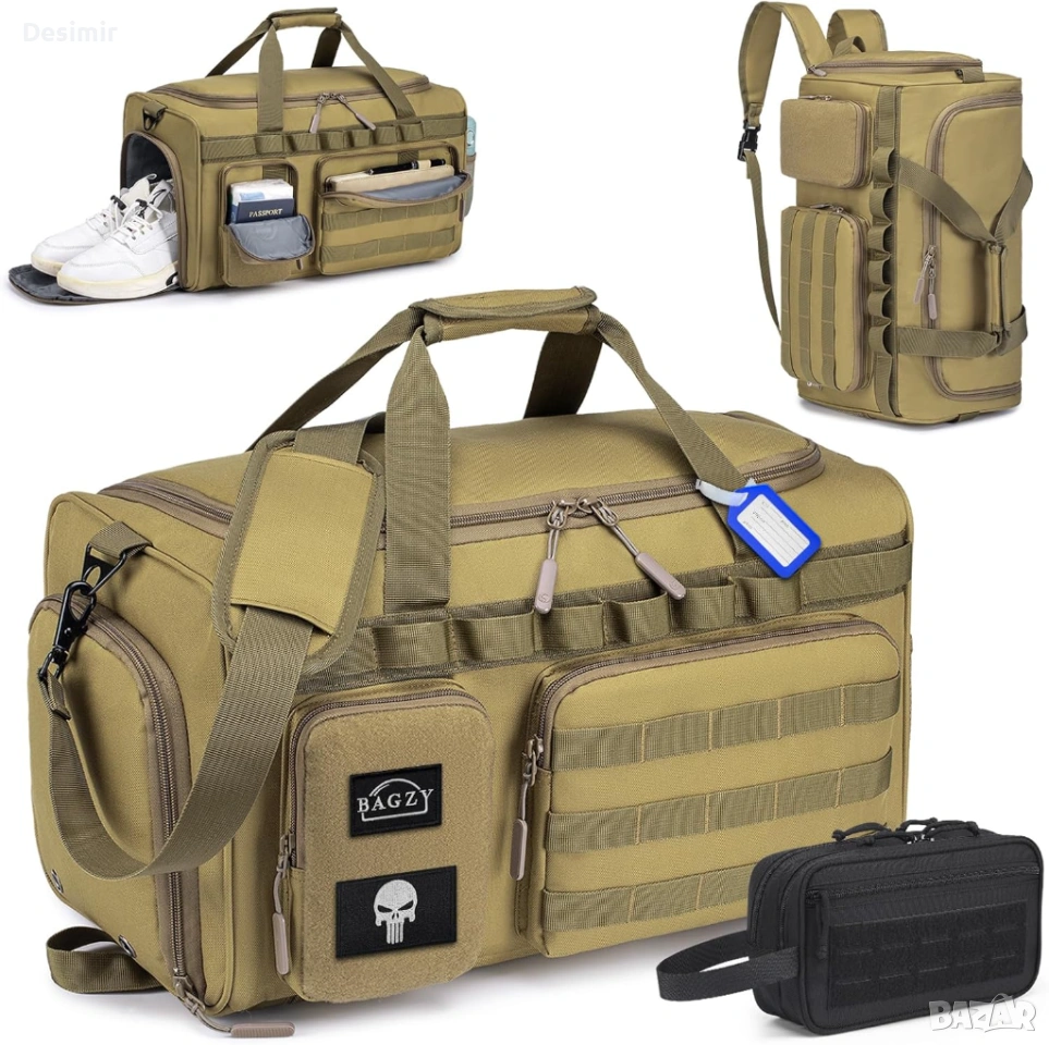Тактическа спортна и пътна чанта BAGZY 40L – 3-в-1 (раница, сак, чанта през рамо), цвят каки, снимка 1