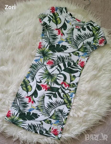 Рокля по тялото в тропически принт от еластично трико , снимка 1