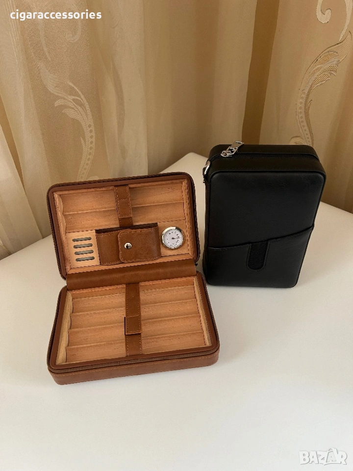 Преносим хумидор от естествена кожа за 6 пури – черен/кафяв, снимка 1