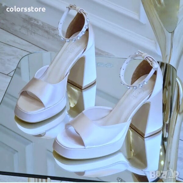 Сандали на ток - бял сатен - VSN2, снимка 1