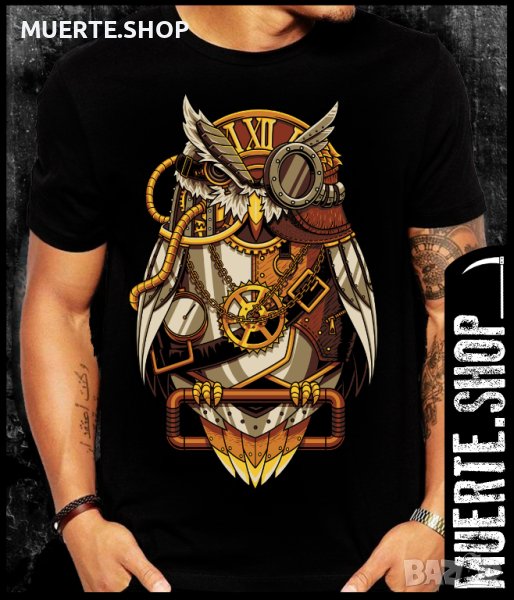 Черна тениска с щампа OWL CLOCK, снимка 1